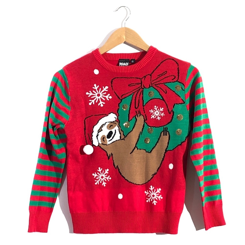Mad Engine Red Green Gold Sequin Santa Sloth along Sleeve Christmas Sweater M